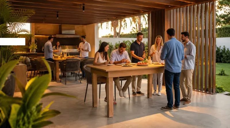 Mesa e bancos Eco Móveis de madeira ecológica em área gourmet