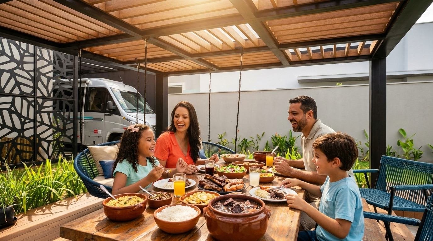 Família feliz almoçando em área gourmet sob pergolado em madeira ecológica, com luz do sol filtrada