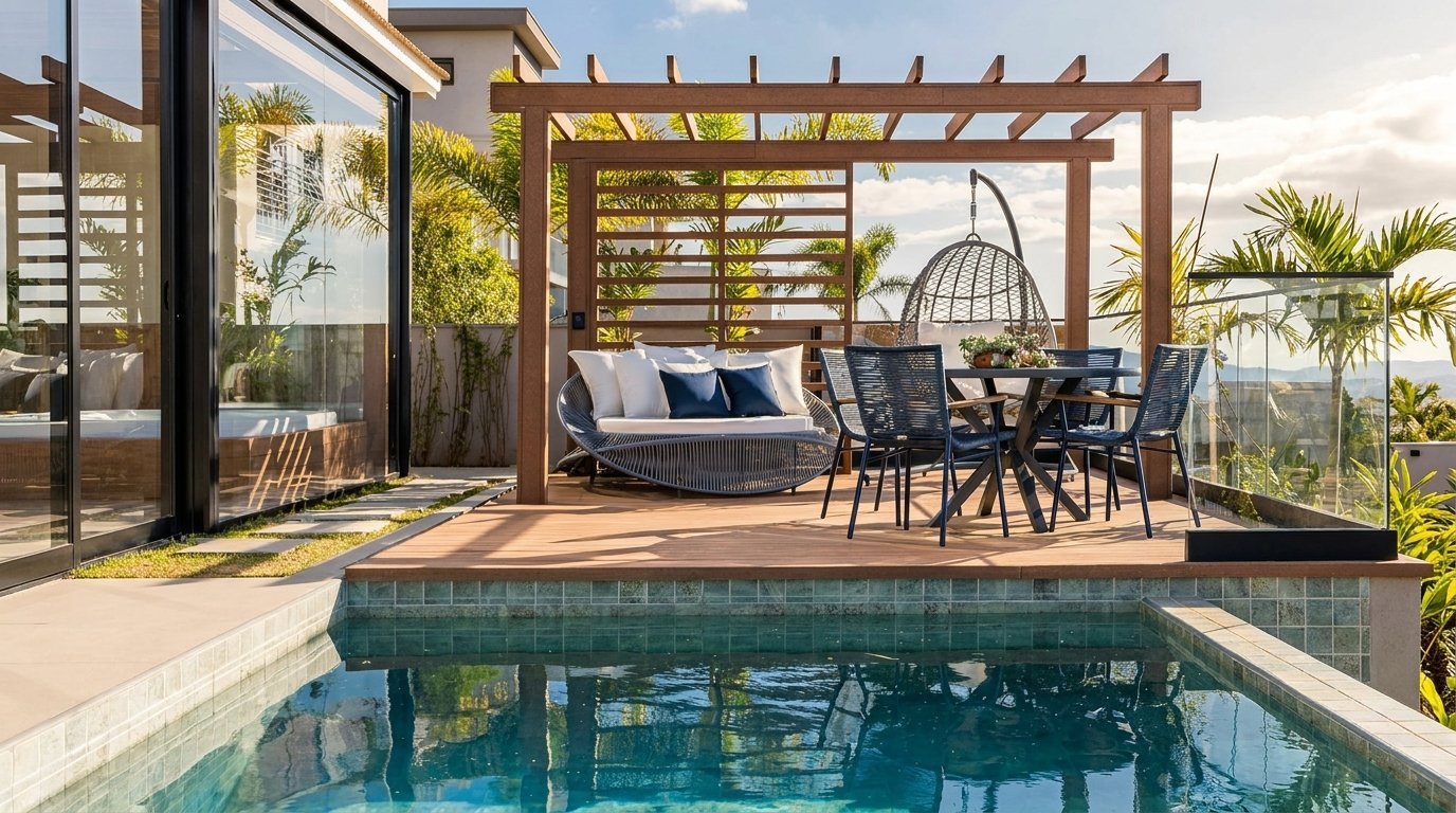 Pergolado moderno em residência com piscina